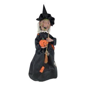 Witch Halloween Light Up Pumpkin Broom Green Eyes Decoration Vintage 18”